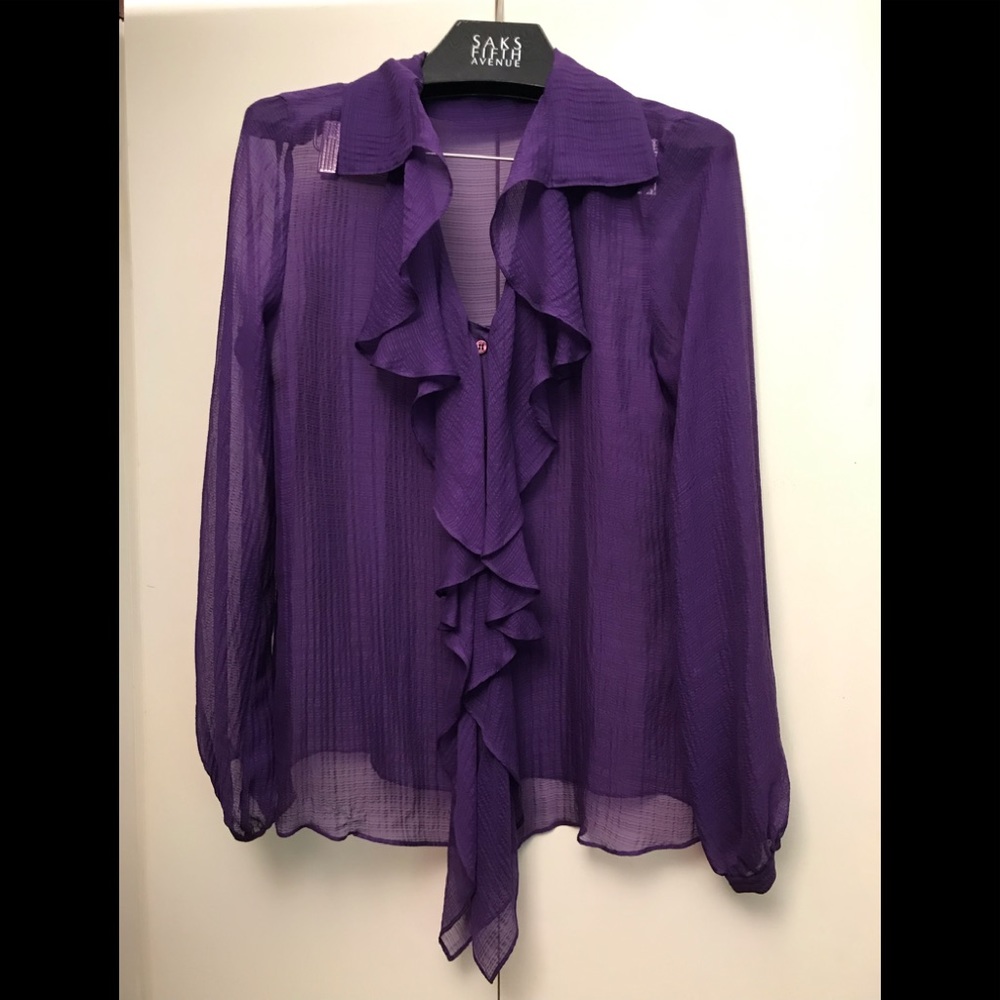 Etro purple plum sheer silk chiffon ruffle blouse